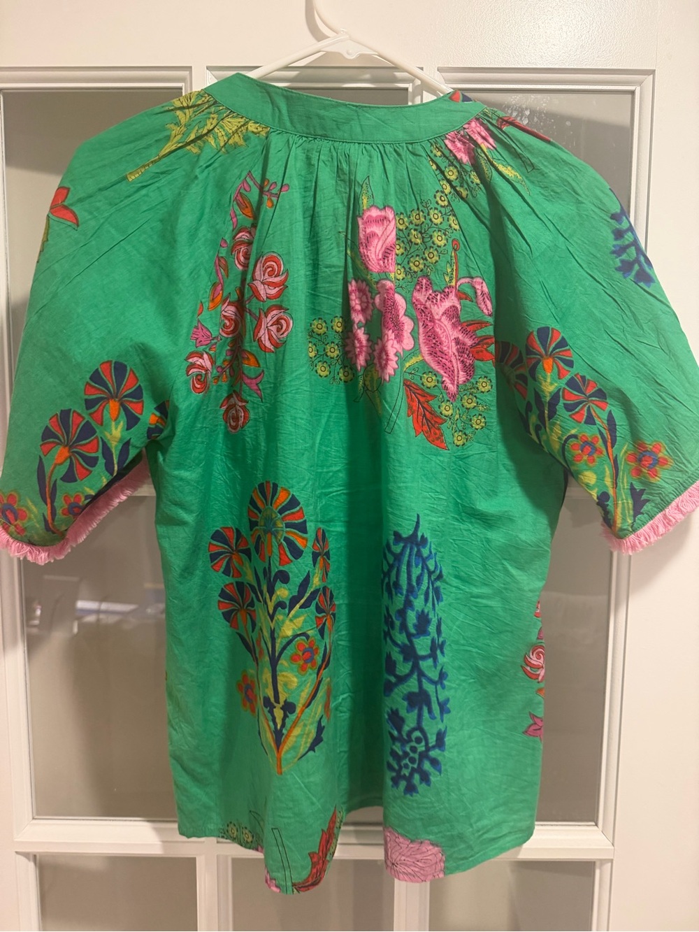 THML Green Floral Blouse with Pink Fringe Sleeves